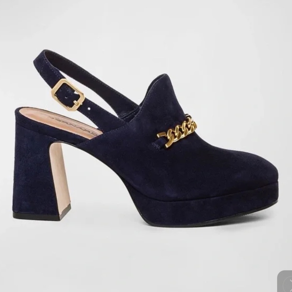 New Bernardo Napa platform sling back chain detail leather heel 7.5 navy